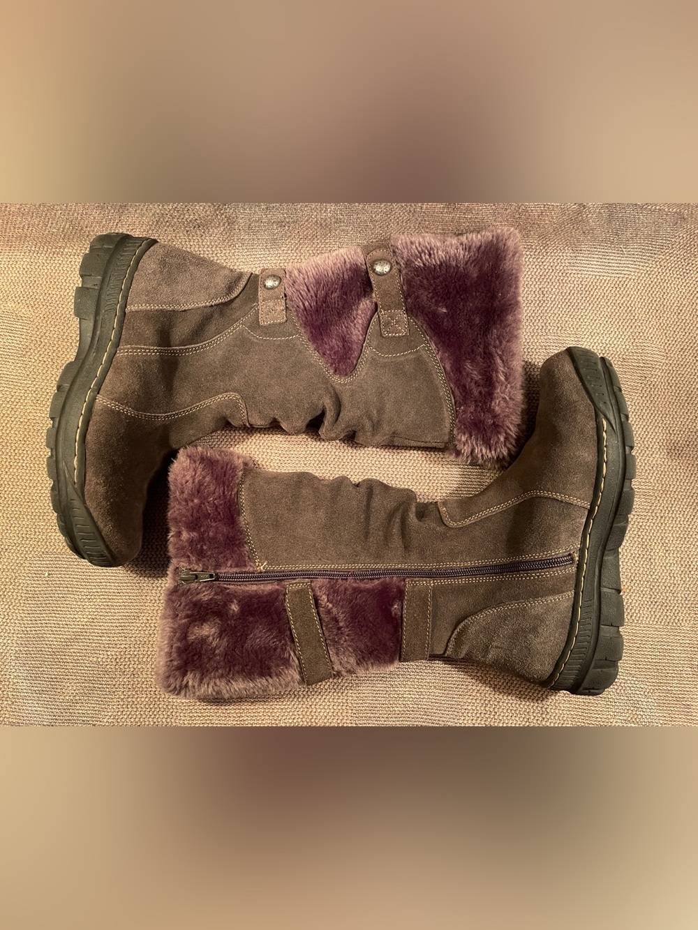 Bare Traps Della Suede Tall Boots with Plush Faux Fur Trim - Plum and Brown